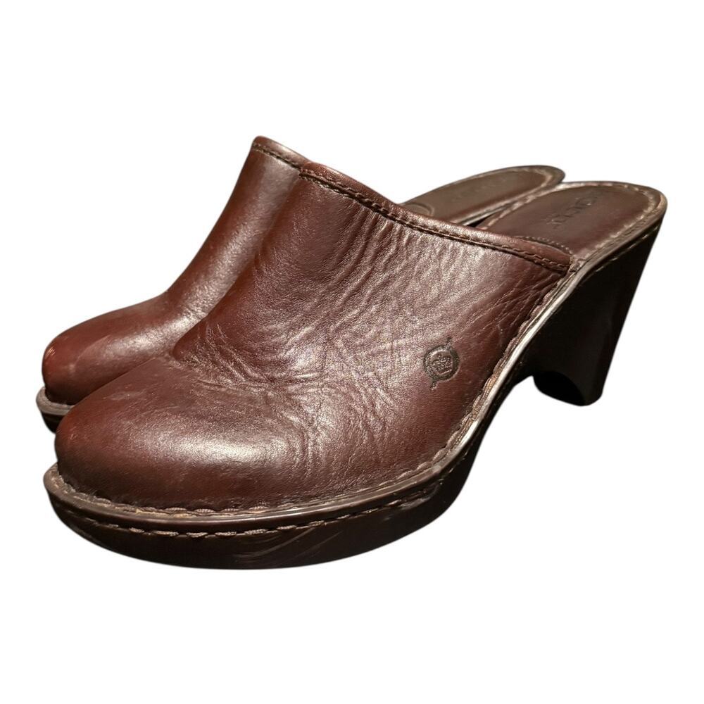 Born Brown Leather Mule Clogs Womens Size 8 EU 39 Slip On Comfort Heeled Shoes - Picture 1 of 10